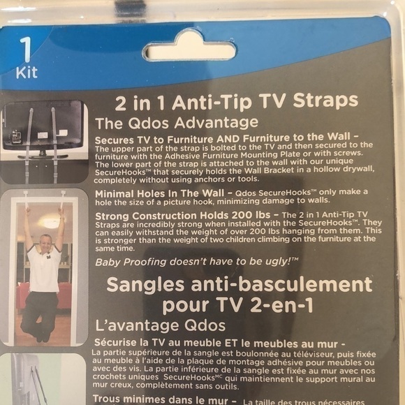 QDOS 2 in 1 Anti-Tip TV Straps 1 Kit - 2 straps SecureHooks Anchor Holds 200lbs - Picture 3 of 6